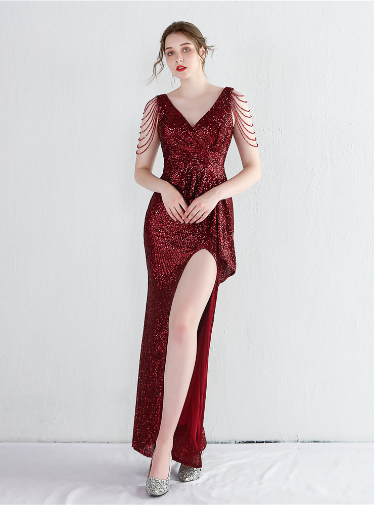 Sequins V-neck Party Dress-PS