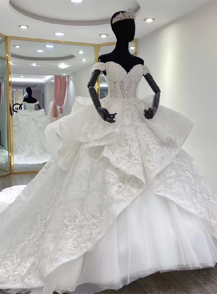 Off the Shoulder White Tulle Ruffles Luxury Wedding Dress main image 1