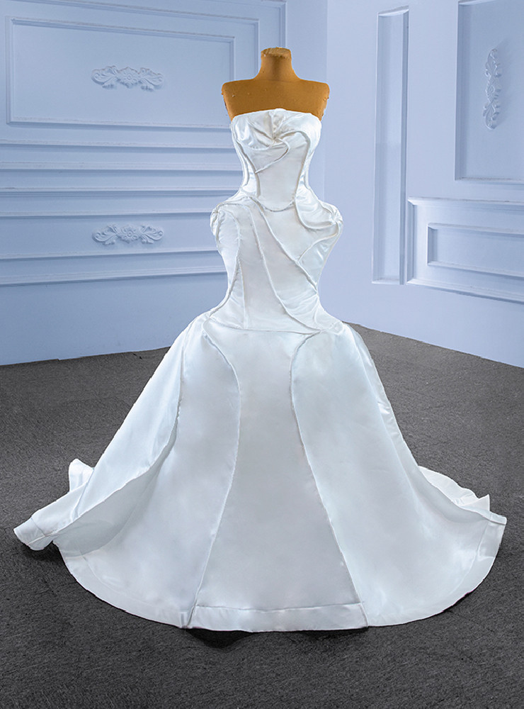 Chic Mermaid Strapless Short Sleeves White Satin Wedding Dresses With Ruffles C3255