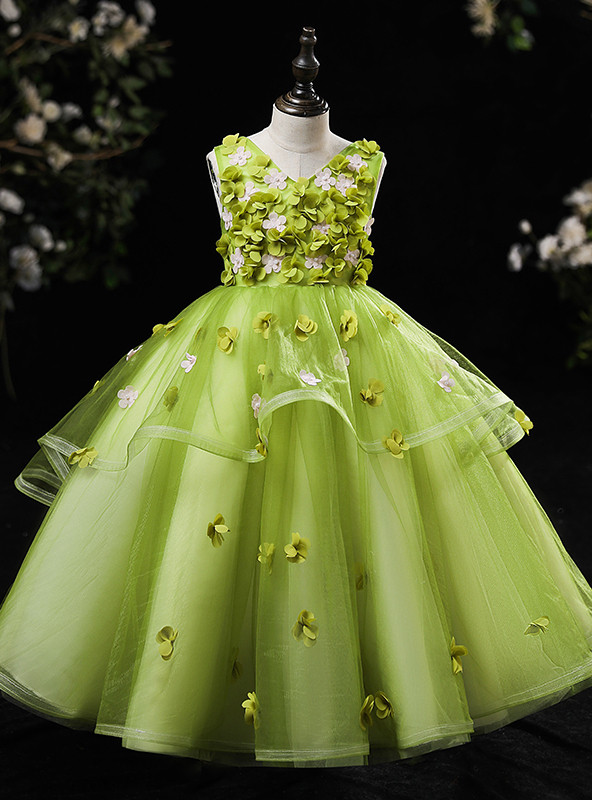 V-neck Floral Applique Tulle Flower Girl Dress With Bow Mint Green main image 1