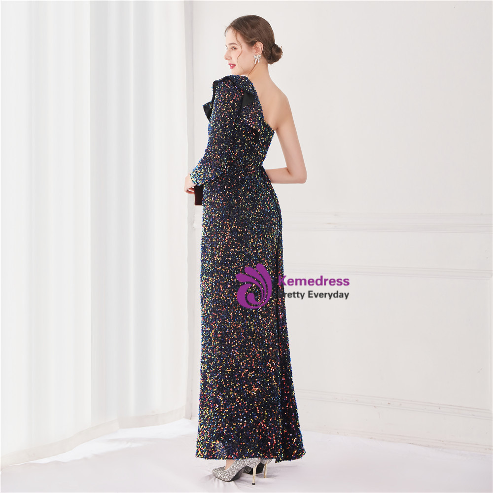 Modern One Shoulder Sequins A-Line Floor-length Split Prom Dress With Side Train main image 1