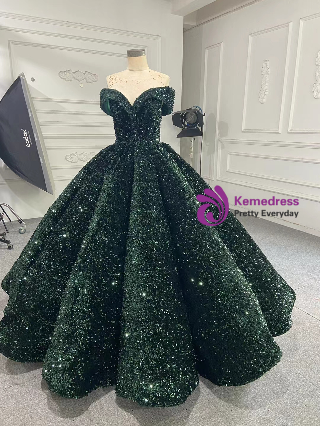 Sequins Ball Gown Dark Green V Neck Prom Dress LBQ0726