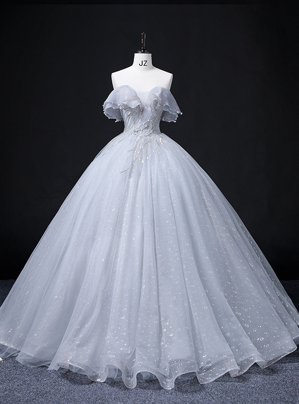 Off Shoulder Sleeveless Sequins Appliques Blue Quinceanera Dress WQ1362