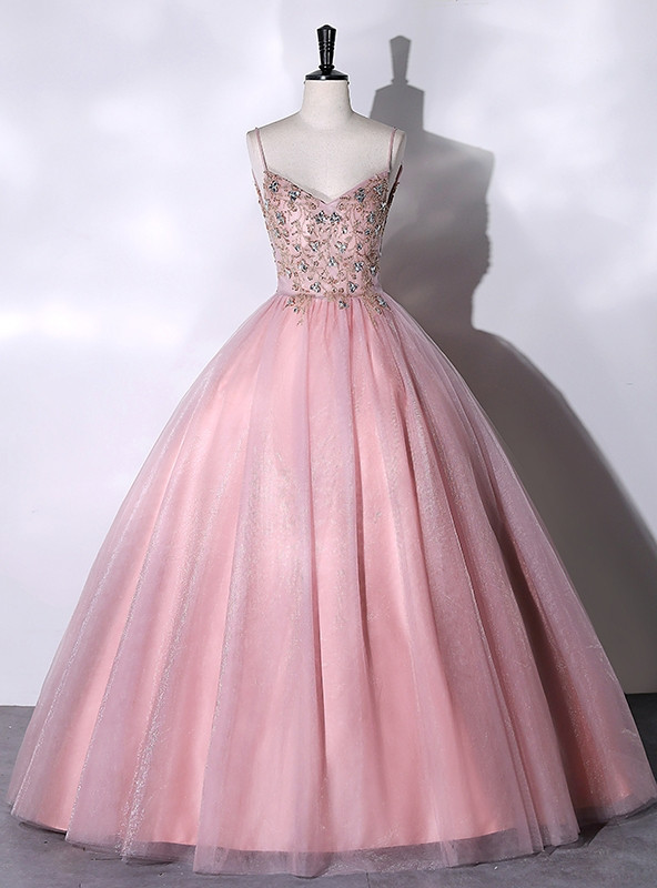 Chic Spaghetti Straps V-Neck Glittering Tulle Quinceanera Dresses