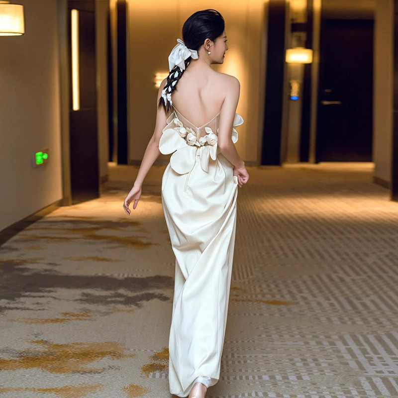 Satin Corset Strapless Dress in Ivory