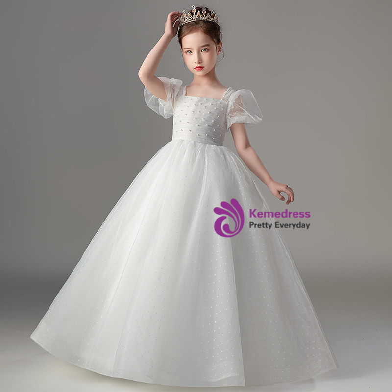White Satin Pearl Pink Tulle Tea Length Custom Flower Girl Dress