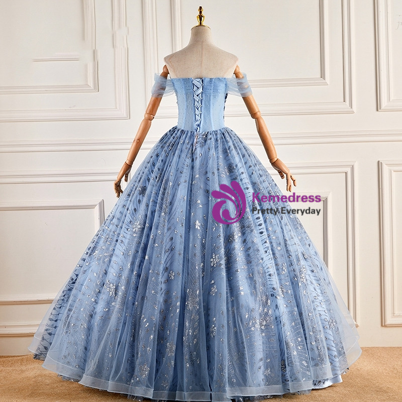Blue Tulle Sequins See Through V-neck Quinceanera Dress main image 0