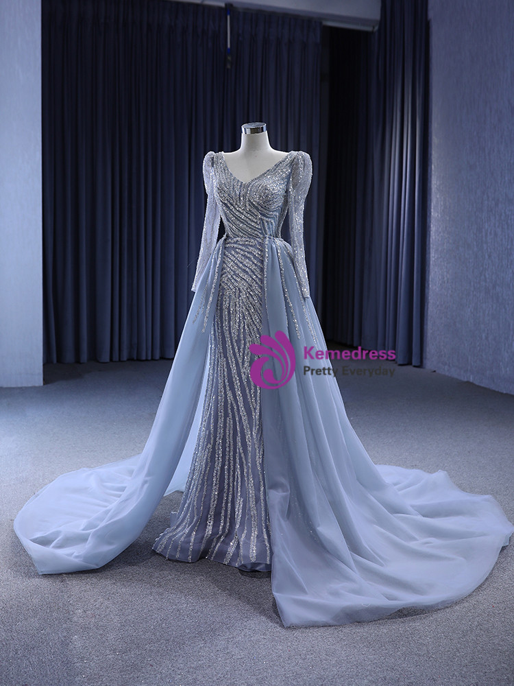 Gorgeous Grey Long Sleeves Jewel Mermaid Stretch Satin Prom Dress with Appliques