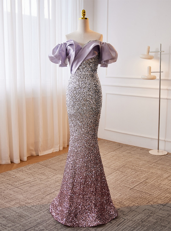 Off-the-Shoulder Mermaid Sequins White Prom Dress With Split