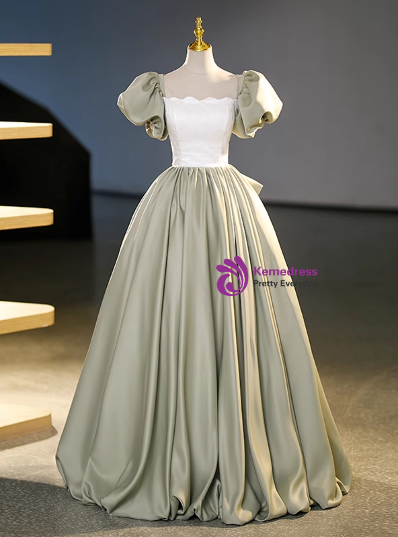 Satin V-Neck Gown with Puff Sleeves and Bow Emerald main image 0