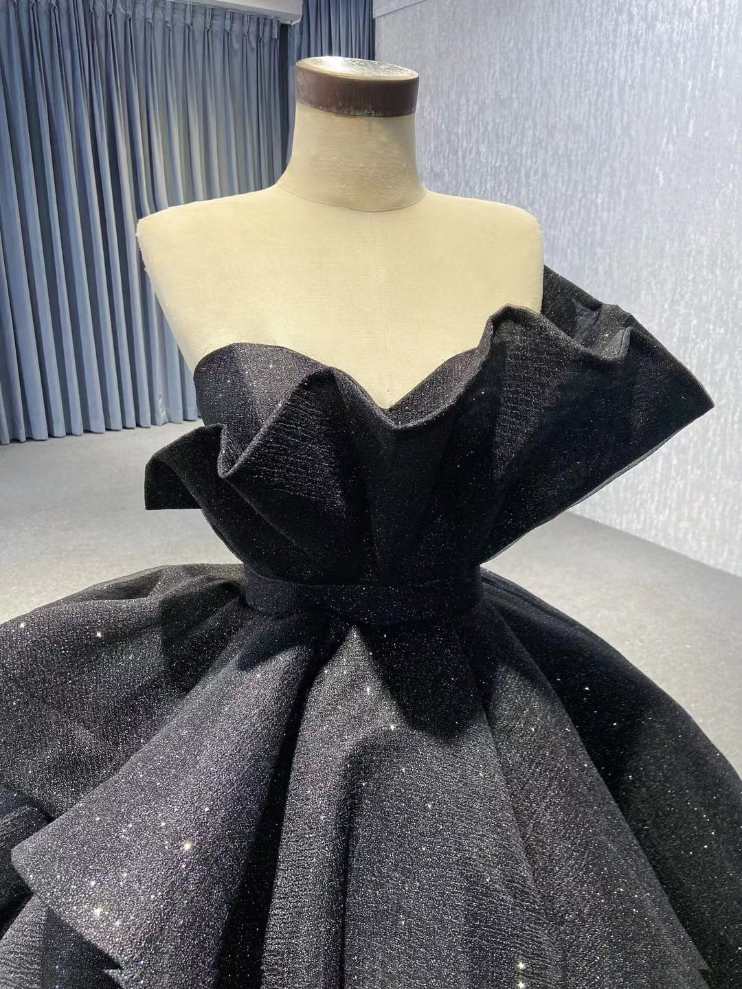 Elegant Ball Gown Strapless Black Sequin Long Prom Dress Evening Dresses With Ruffles main image 0