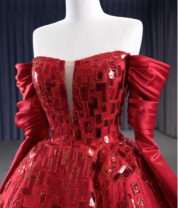 Red Long Sleeves Sequin & Satin A Line Sexy Prom Formal Dress