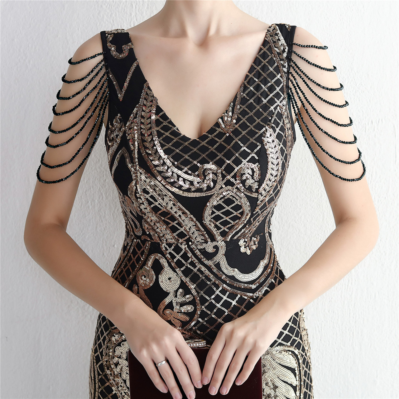 14258 Black-Gold Embroidered Sequins Dress