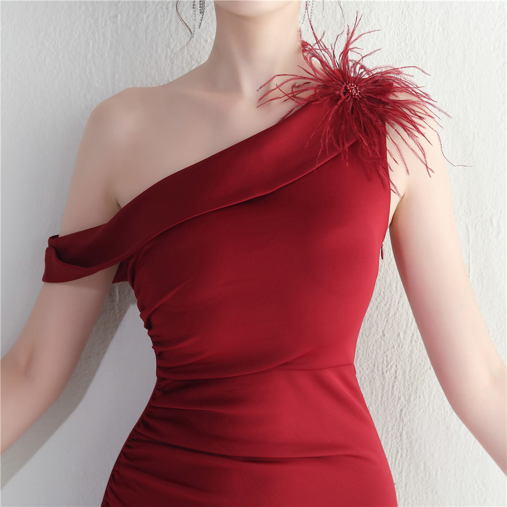 Unique Rose Flowing Burgundy One Shoulder Party Dress