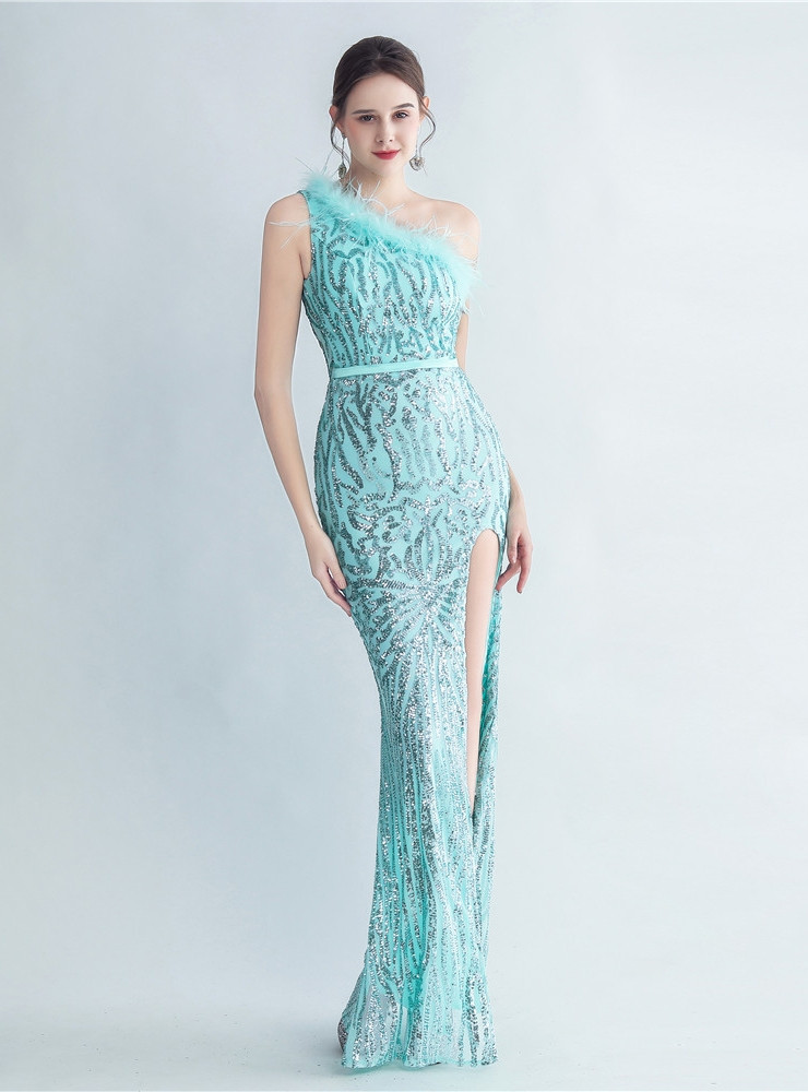 Mint Green Applique Off the Shoulder Feather Formal Dress with Slit