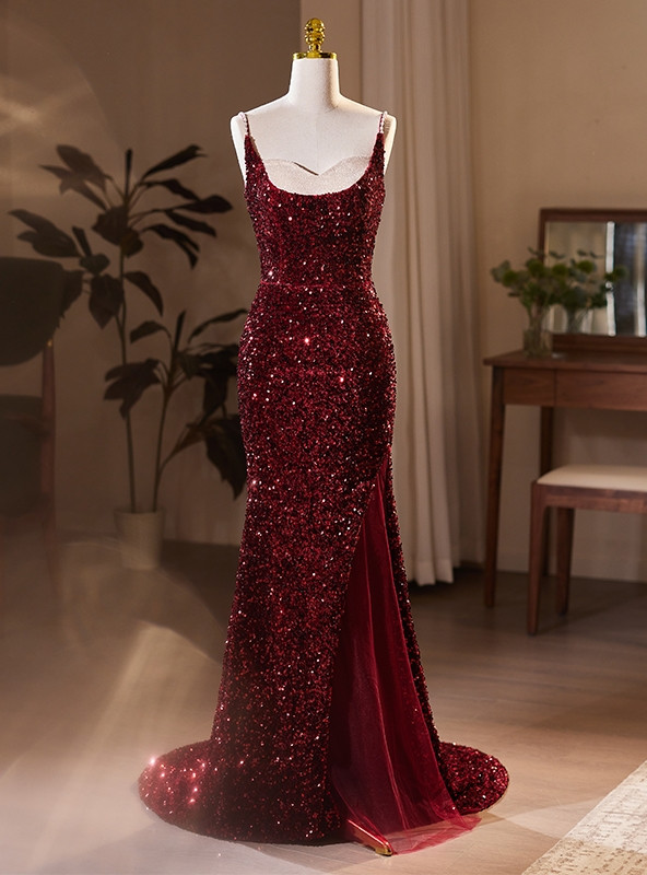 Exquisite Burgundy Spaghetti Strap Beaded Mermaid Evening Prom Dress