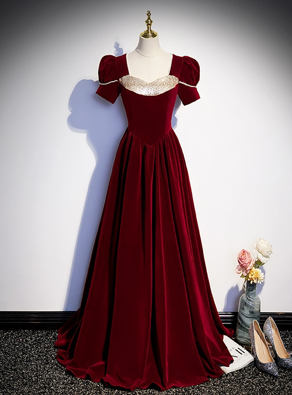 Pink Tulle Velvet Short Sleeve Square Pearls Prom Dress
