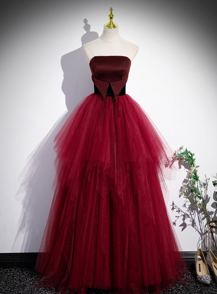 Burgundy Velvet Strapless Prom Dress XF251195