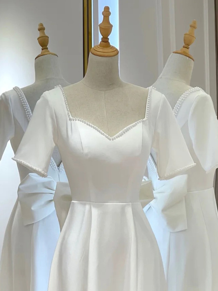 White Satin Short Sleeve Short Wedding Dress — free download