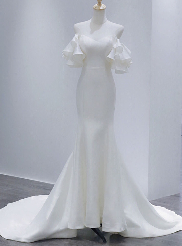 Classy White Mermaid Satin Pleated Strapless Hi Low Pleats Wedding Dress main image 0