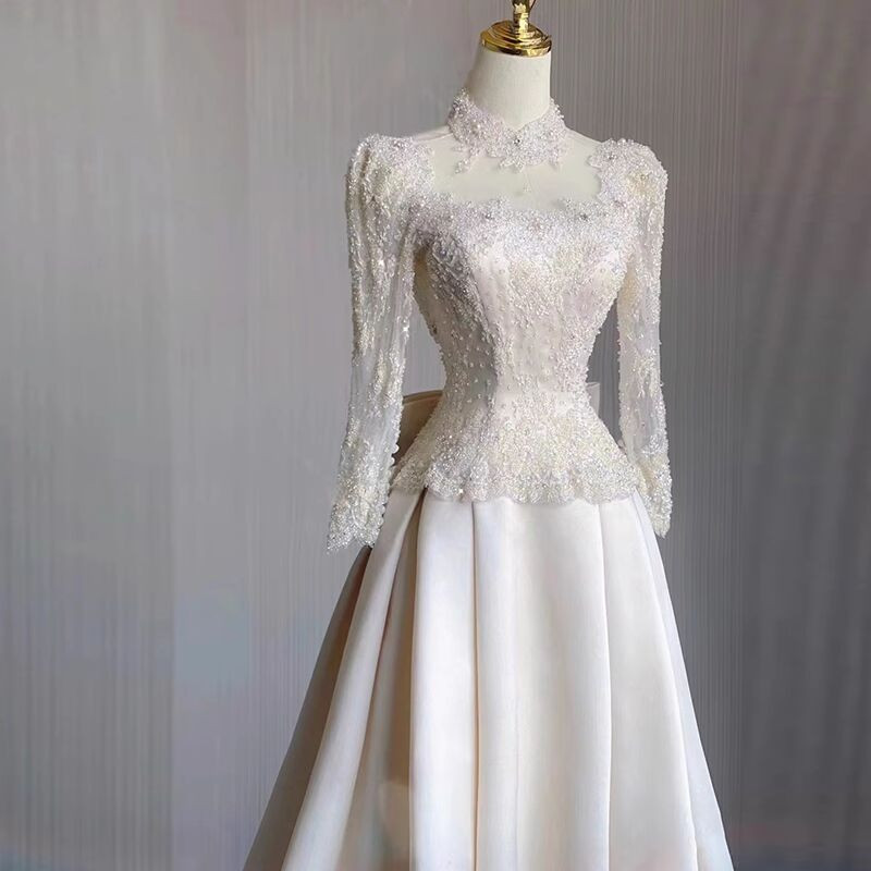 Ivory Satin Long Sleeve Wedding Dress