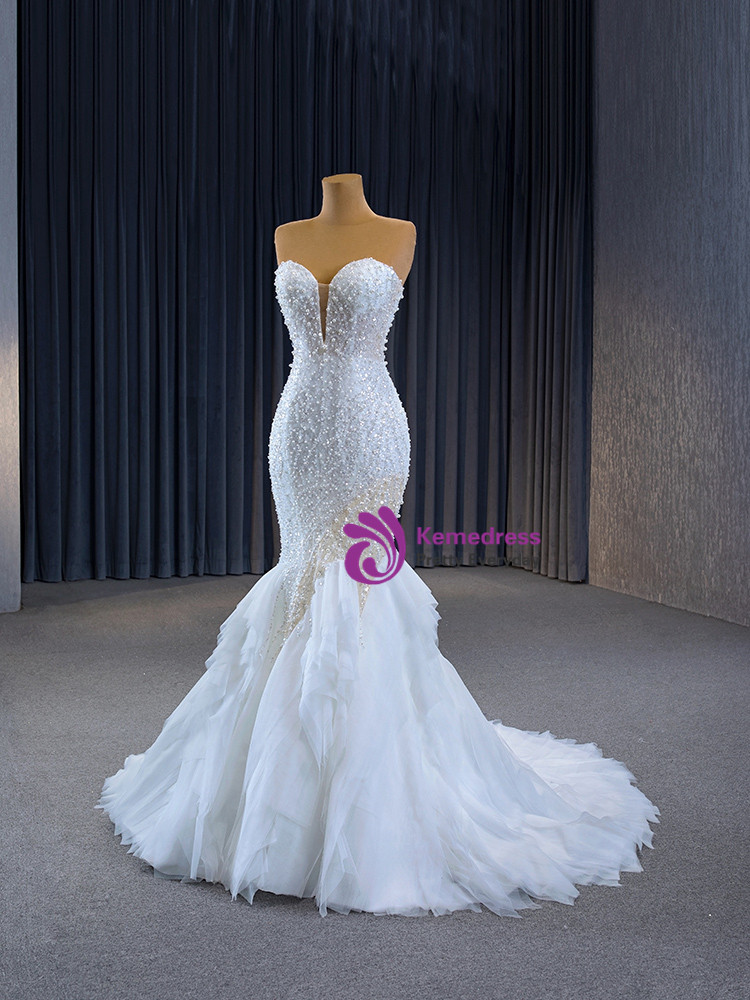 White Mermaid Sweetheart Sequins Pearls Wedding Dress White Mermaid Sweetheart Sequins Pearls Wedding Dress