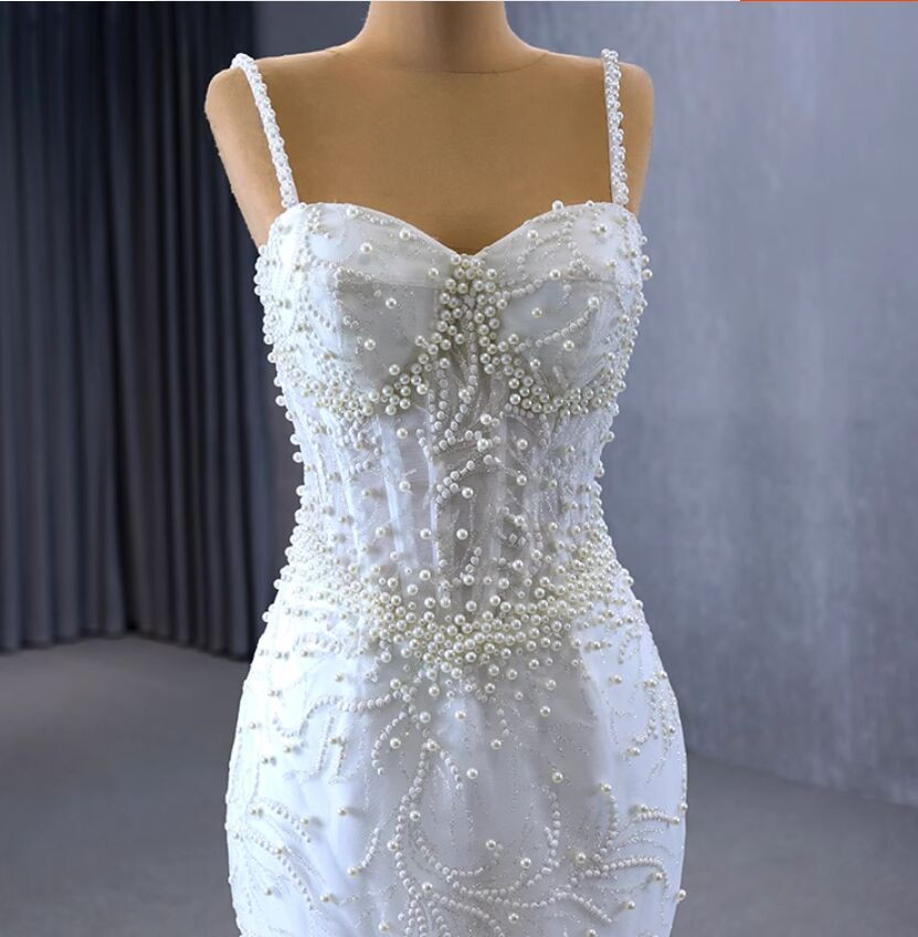 Fairy Strapless White Lace Pearls Mermaid Evening Dress Birthday Party Gown With Gloves