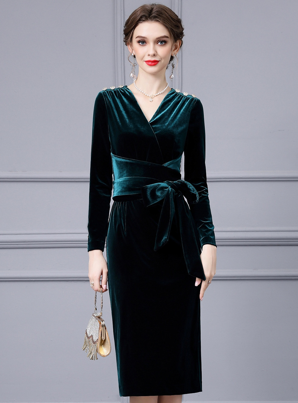 Dark Green Long Sleeves Sequins Mother of the Bride Dress with Slit