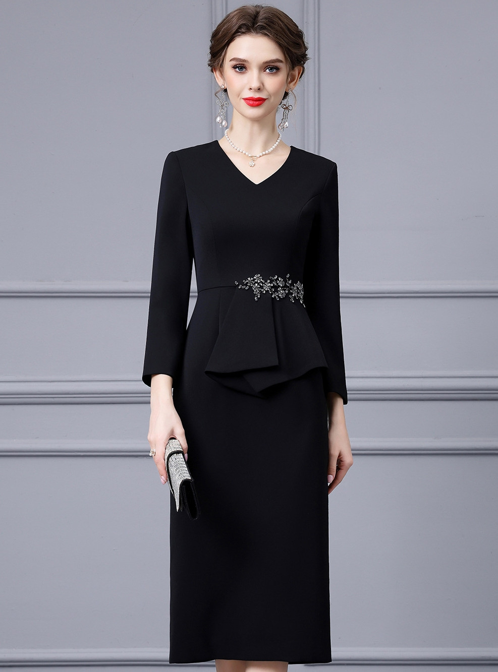 Black Mother of The Bride Dress with Keyhole Cutout Neckline and Embellished Sleeves main image 1