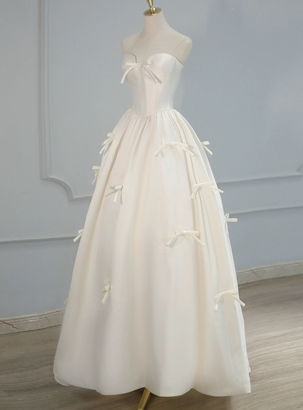 White Satin Strapless Puff Sleeve Wedding Dress