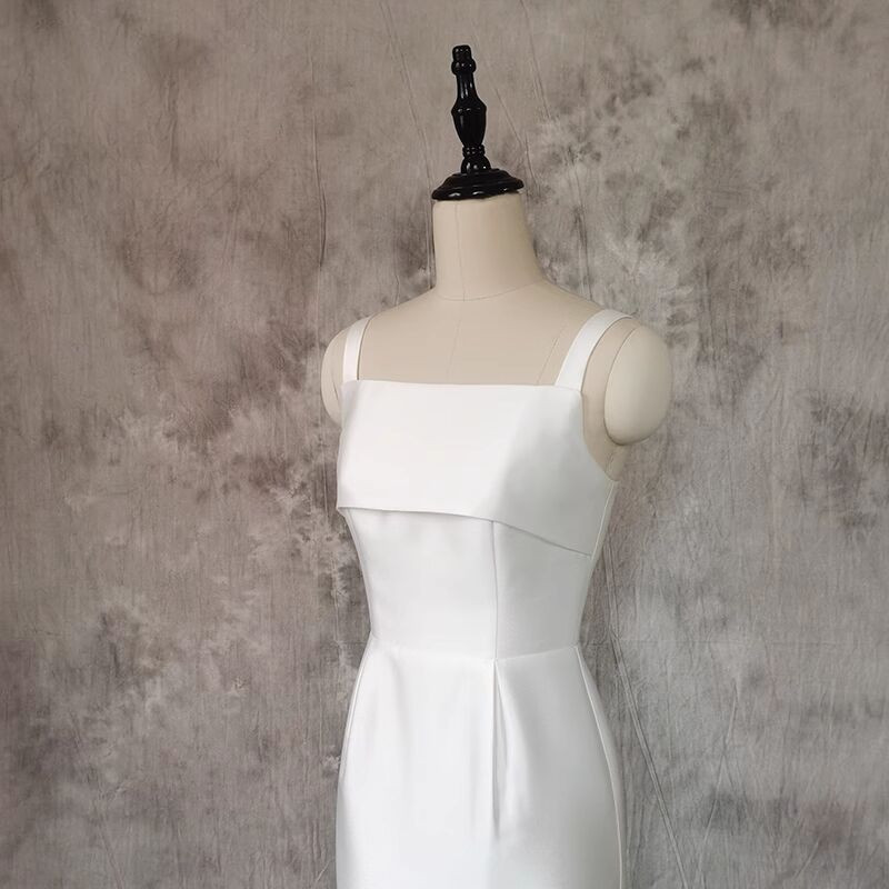 Niulatu A line Spaghetti Straps Tea Length White Satin Wedding Dresses With Lace HZ1110