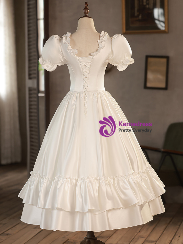 Simple White Puff Sleeves Wedding Dress,White Bridal Gown Y6738