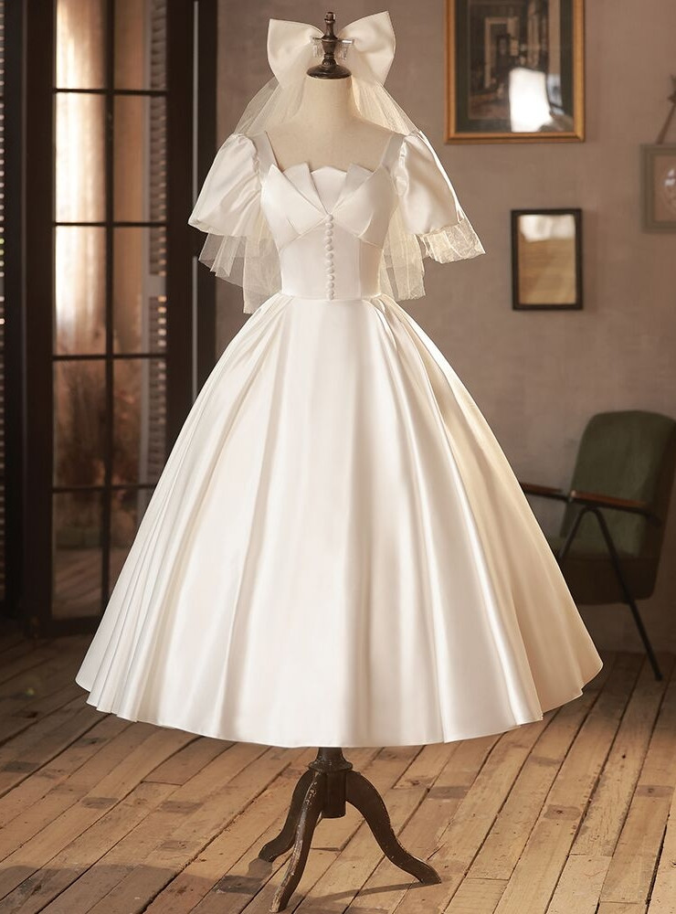 White Satin Square Neck Short Sleeve Pearls Wedding Dress