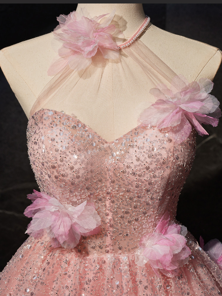 Pink 3D Flower Homecoming Dress Beaded Sequin Halter Neck Graduation Dress hc306