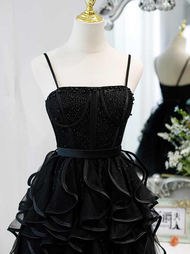 Black Tulle Spaghetti Straps Formal Prom Dress