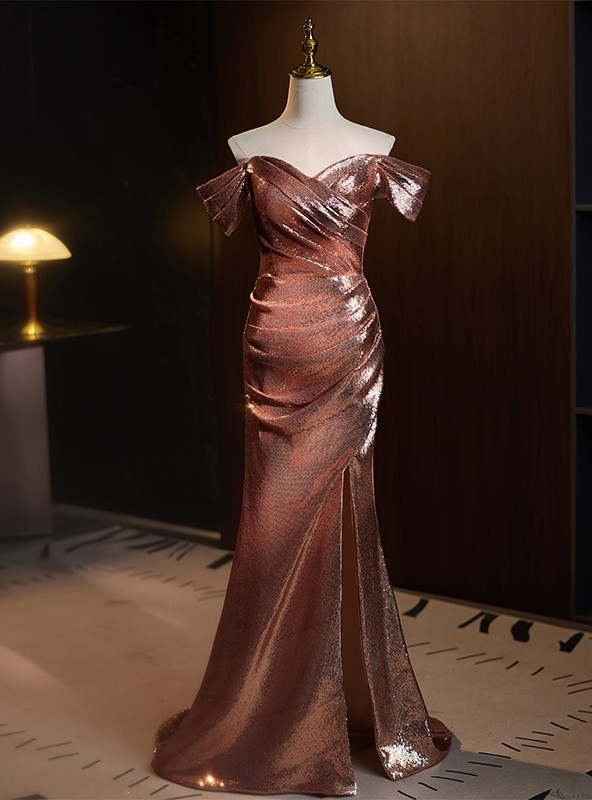 Off-Shoulder Sleeveless Pleated Sparkly Sheath Prom Dress main image 0