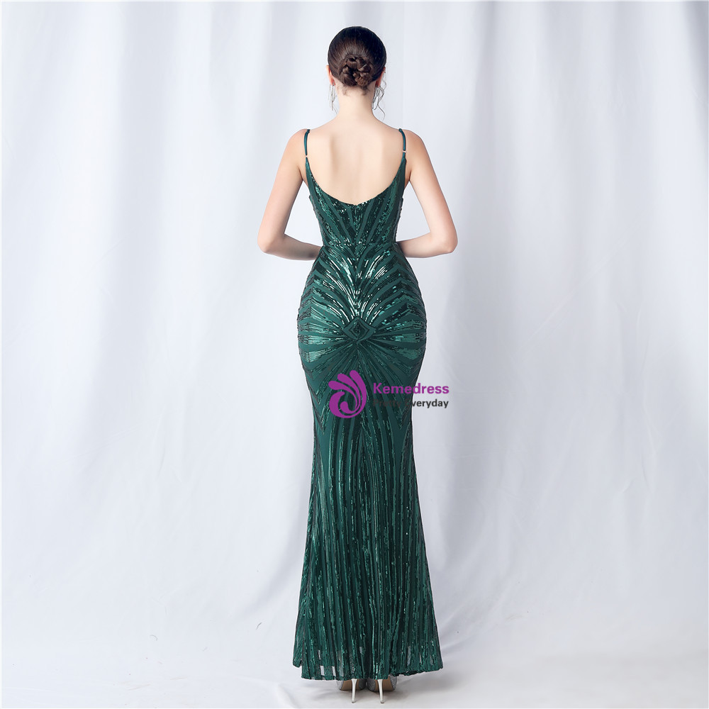Mermaid Spaghetti Straps Dark Green Sequins Plus Size Ball Dress with Split Front