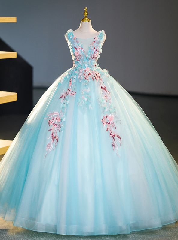 Gorgeous Blue Off The Shoulder Tulle Appliques Ball Gown Birthday Quinceanera Dress Y7835