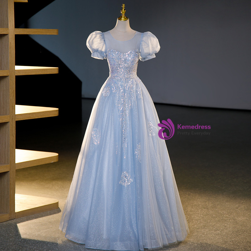 Sky Blue Tulle Short Sleeve Appliques Backless Quinceanera Dress