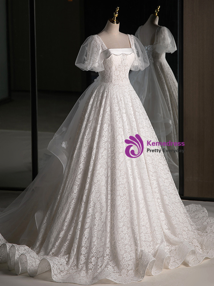 White Satin Square Neck Short Sleeve Pearls Wedding Dress main image 1