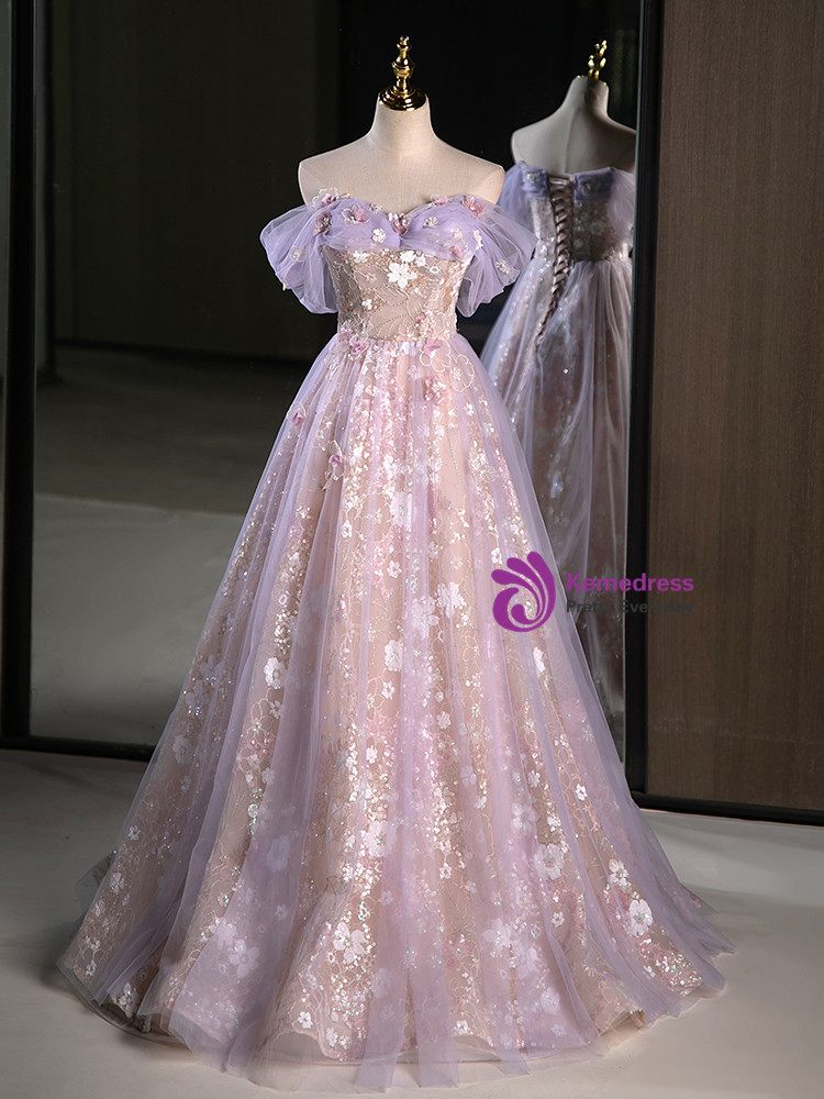 Off Shoulder Sleeveless Sequins Appliques Purple Quinceanera Dress WQ1344