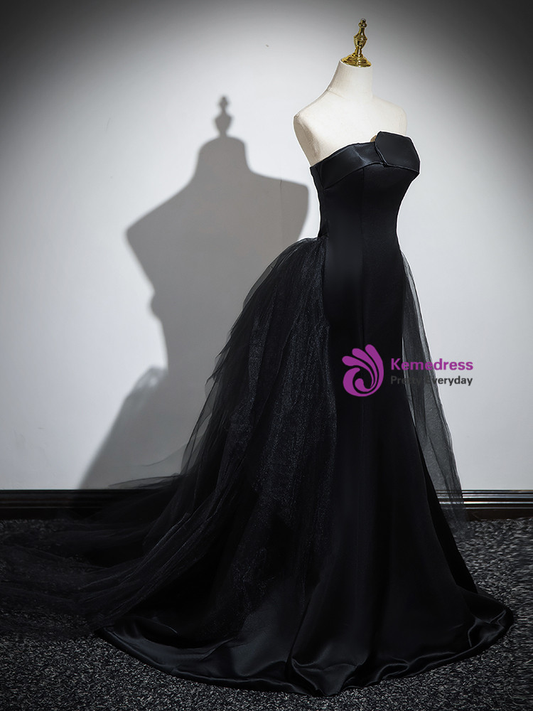 Mermaid Strapless Lace Applique Ruffle Tulle Black Long Prom Dress main image 0