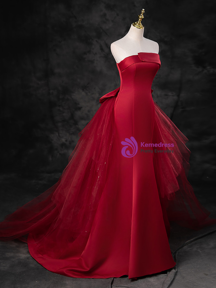 Vintage Burgundy Strapless Satin Tulle Appliques Mermaid Long Party Dress Evening Gown