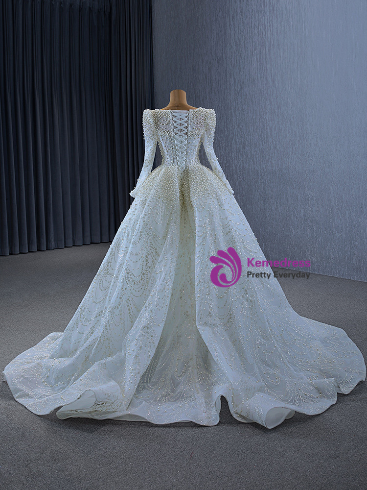 White Mermaid Long Sleeve Sequins Pearls Wedding Dresses main image 1