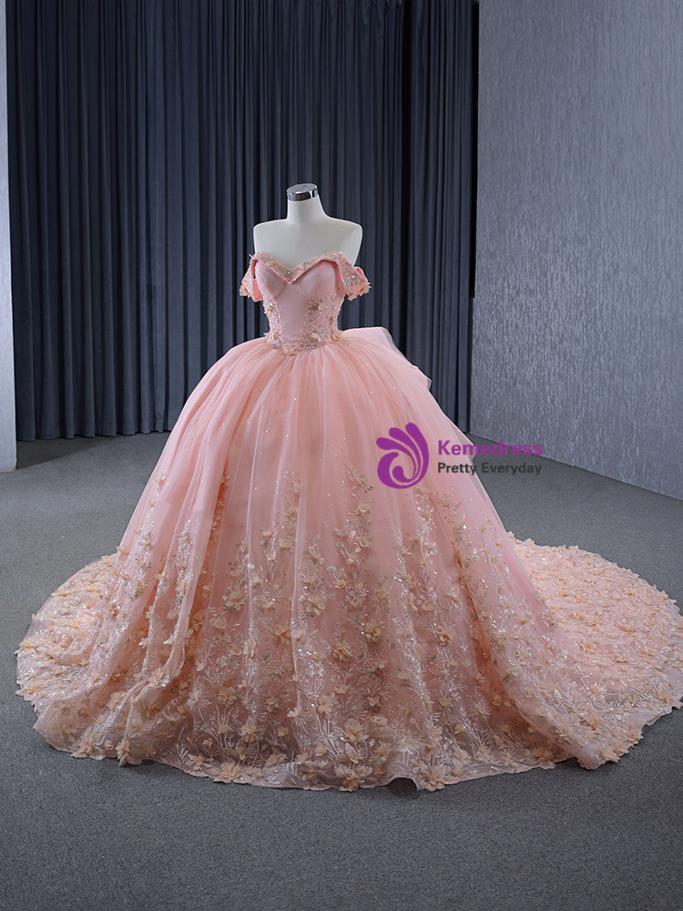 3D Floral Neckline Cap Sleeve Tulle Gown Blushing Pink