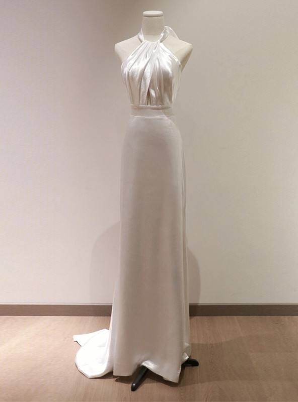 Off White Halter Open Back Mermaid Beading Wedding Dress