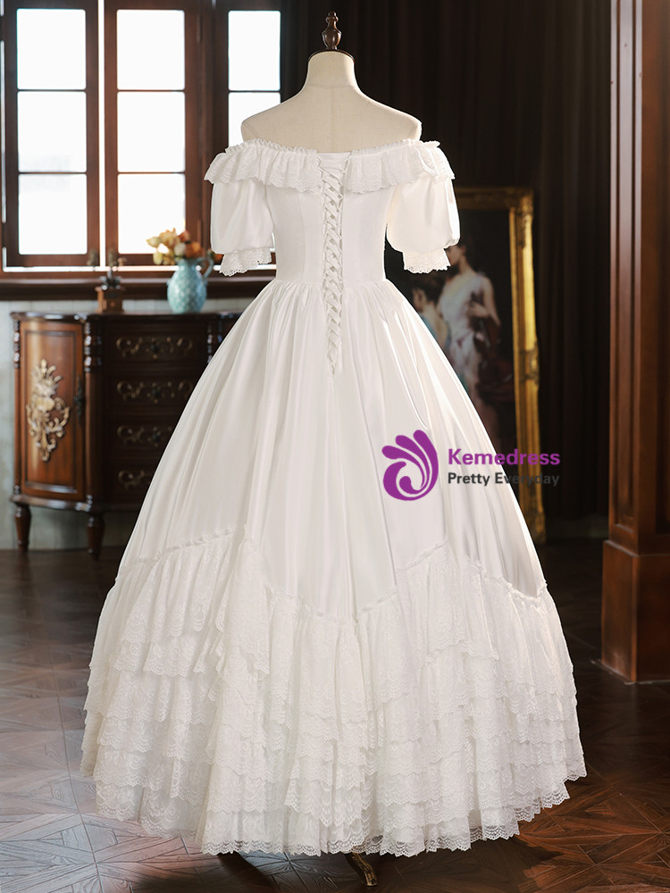 Off the Shoulder Long Sleeves White Satin Short Wedding Dresses with Handmade Flower VK26020506