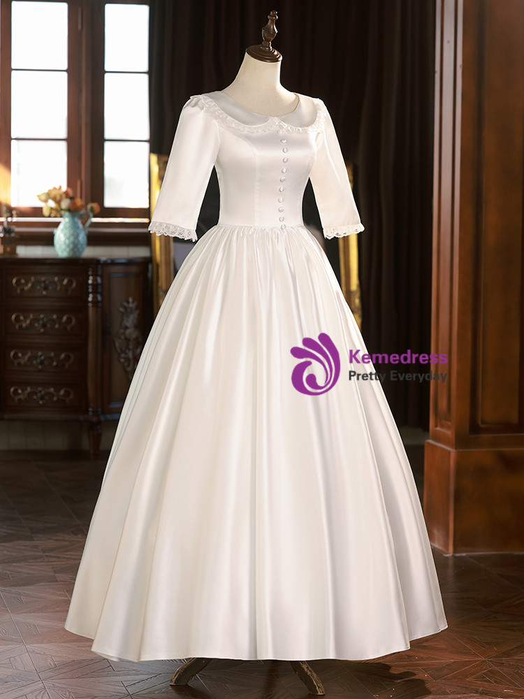 White satin wedding dress Long Sleeves,DS4601