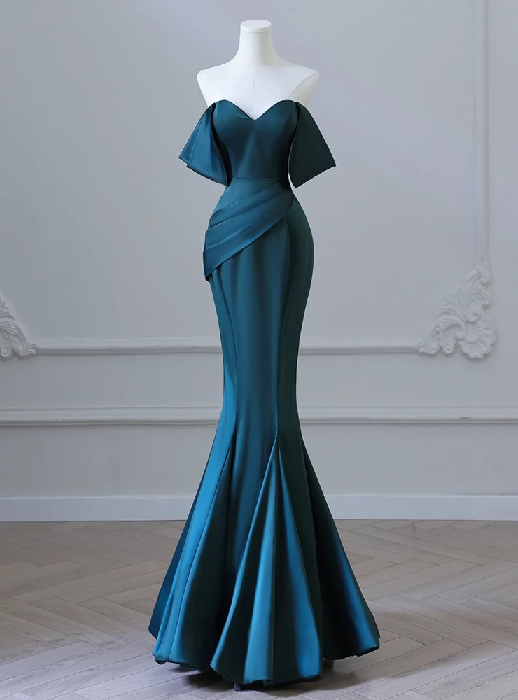 Off Shoulder Green Lace Satin Front Slit Sexy Long Prom Dresses, PD0237