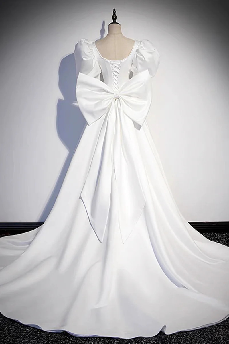 White satin puff sleeve long dress